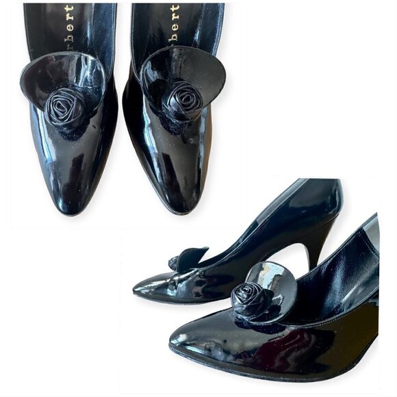 Vintage Herbert Levine Black Patent Stiletto Pumps with Rosette, Size 6AAA - Picture 11 of 16